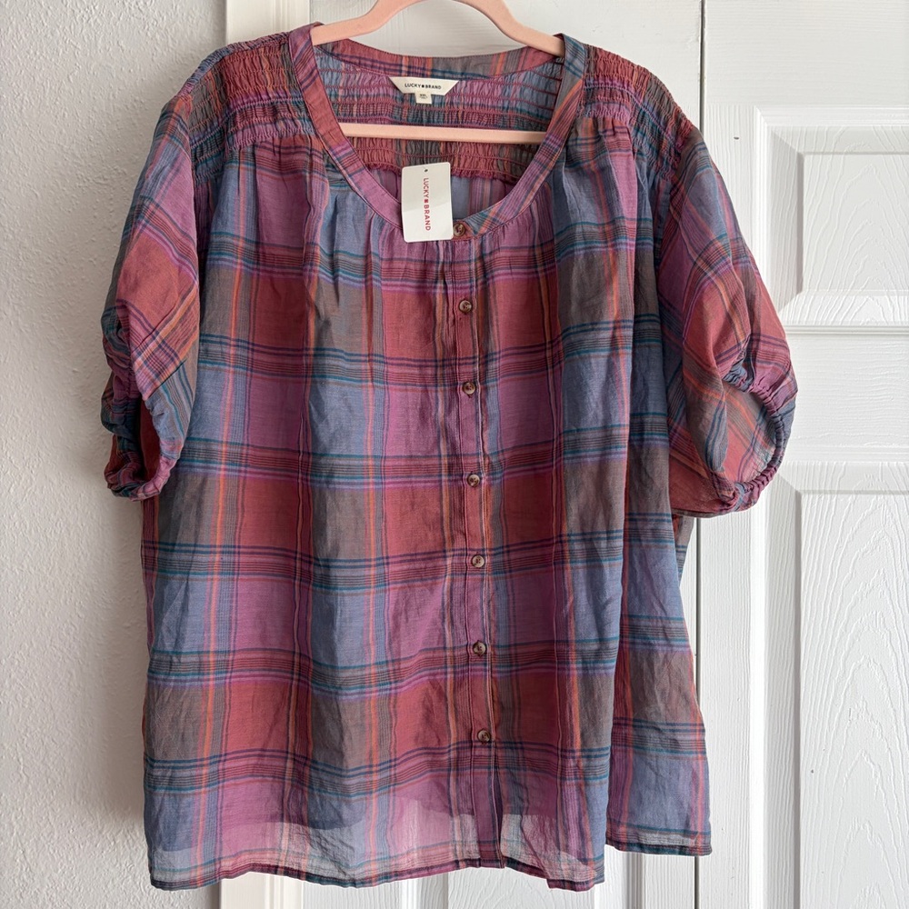 Lucky Brand XXL Yarn Dyed Smocked Plaid Button-Up Blouse Top